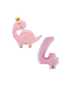 Grabo Set 2 Palloncini 4 Compleanno bambina numero 4 nosa pastello e dinosauro rosa con coroncina coordinato. Made in italy in foil, cannuccia inclusa