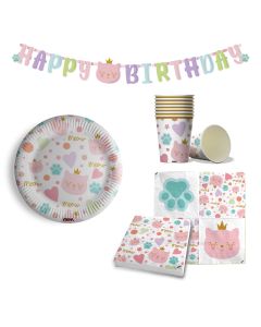 Maverick 53 pezzi Set per Feste di Compleanno tema Gattini per bambine. prodotti interamente in carta 16 piatti grandi 16 bicchieri 16 tovaglioli festone con scritta buon Compleanno.