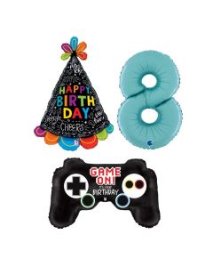 Grabo Set 3 Palloncini Compleanno Bambino numero 8 azzurro joystick da gioco e cappellino compleanno. Made in italy, cannuccia inclusa