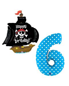 Grabo Set 2 Palloncini Compleanno a Tema Pirati numero 6 azzuro pois e veliero dei pirati con scritta happy birthday. Made in Italy in foil, cannuccia inclusa