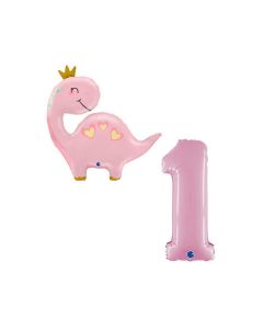 Grabo Set 2 Palloncini 1 Compleanno bambina numero 1 rosa pastello e dinosauro rosa con coroncina coordinato. Made in italy in foil, cannuccia inclusa