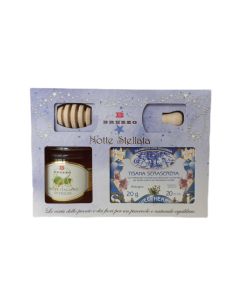 Brezzo Cofanetto Regalo - Notte Stellata – Miele di Tiglio 250gr, Tisana Bio Seraserena 20 filtri e Spargimiele in Legno