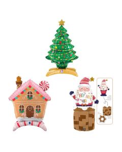 Grabo set Palloncini in foil per natale made in italy. set di tre Palloncini natale co casetta di marzapane standup alberello standup e babbo natale nel camino stand up. adatto alle feste di natale. Palloncini colorati.