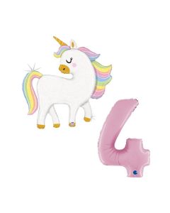 Grabo Set 2 Palloncini Compleanno Bimba Palloncino Unicorno con glitter e numero 4 rosa pastello. Made in italy in foil. Cannuccia inclusa
