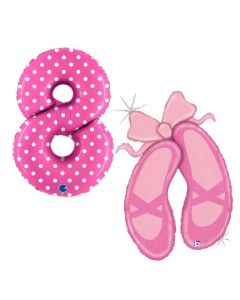 Grabo Set di 2 Palloncini Compleanno Bambina con numero 8 rosa con pois e scarpette da danza. Made in italy cannuccia inclusa