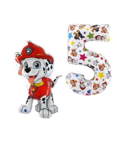 Paw Patrol Set di 2 Palloncini 5 compleanno in foil con marshall e numero 5 coordinato. Made in Italy by Grabo, cannuccia inclusa
