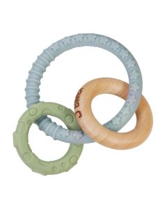 J BIMBI Bite&Play Pianeta Massaggiagengive 4m+ in Legno Naturale e Silicone – Gioco Dentizione con 3 Elementi Sensoriali, Texture in Rilievo, Effetto Sonaglio