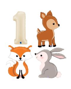 Grabo Set 4 Palloncini 1 Compleanno Animali nel Bosco  con numero 1 crema e animaletti del bosco, volpe cerbiatto e coniglio. In foil, made in italy, cannuccia inclusa