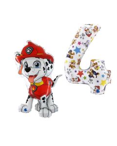 Paw Patrol Set di 2 Palloncini 4 compleanno in foil con marshall e numero 4 coordinato. Made in Italy by Grabo, cannuccia inclusa